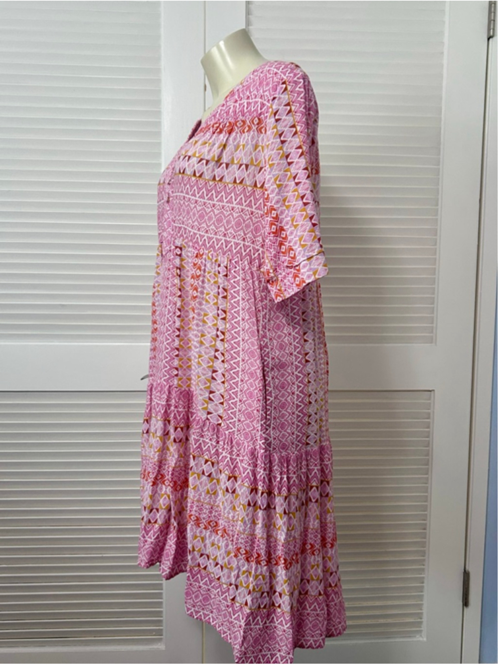 Xirena Billie Dress M Pink Geometric Block Print Cotton Babydoll Mini - Picture 7 of 12